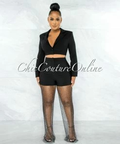Chic Couture Online JUST IN Amaranto Black Crop Blazer & Mesh Rhinestones Pants Set