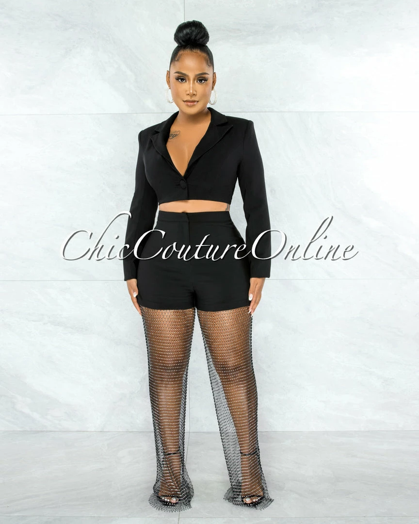 Chic Couture Online JUST IN Amaranto Black Crop Blazer & Mesh Rhinestones Pants Set