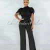 Vendor-unknown JUST IN Charity Black Crochet See-Thru Top Ruffle Sleeves Jumpsuit