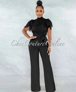 Vendor-unknown JUST IN Charity Black Crochet See-Thru Top Ruffle Sleeves Jumpsuit