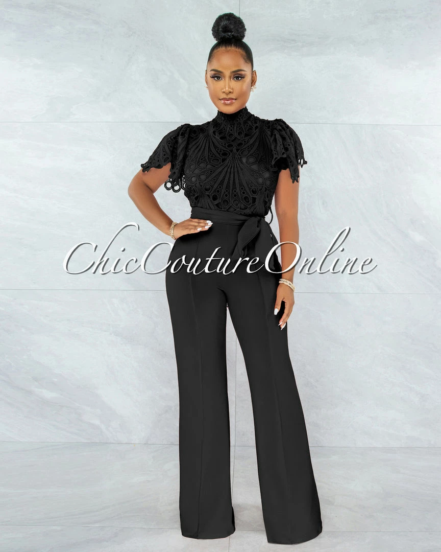 Vendor-unknown JUST IN Charity Black Crochet See-Thru Top Ruffle Sleeves Jumpsuit