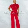 Vendor-unknown Charity Red Crochet See-Thru Top Ruffle Sleeves Jumpsuit JUST IN
