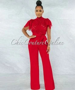 Vendor-unknown Charity Red Crochet See-Thru Top Ruffle Sleeves Jumpsuit JUST IN