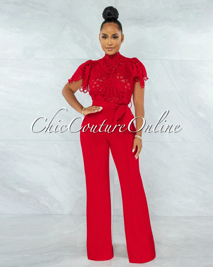 Vendor-unknown Charity Red Crochet See-Thru Top Ruffle Sleeves Jumpsuit JUST IN
