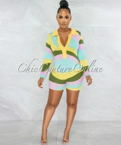 Vendor-unknown JUST IN Smiya Pastel Tones Retro Knit Romper