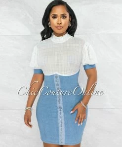 Vendor-unknown Tordis White Shirt Blue Denim Overall Illusion Dress