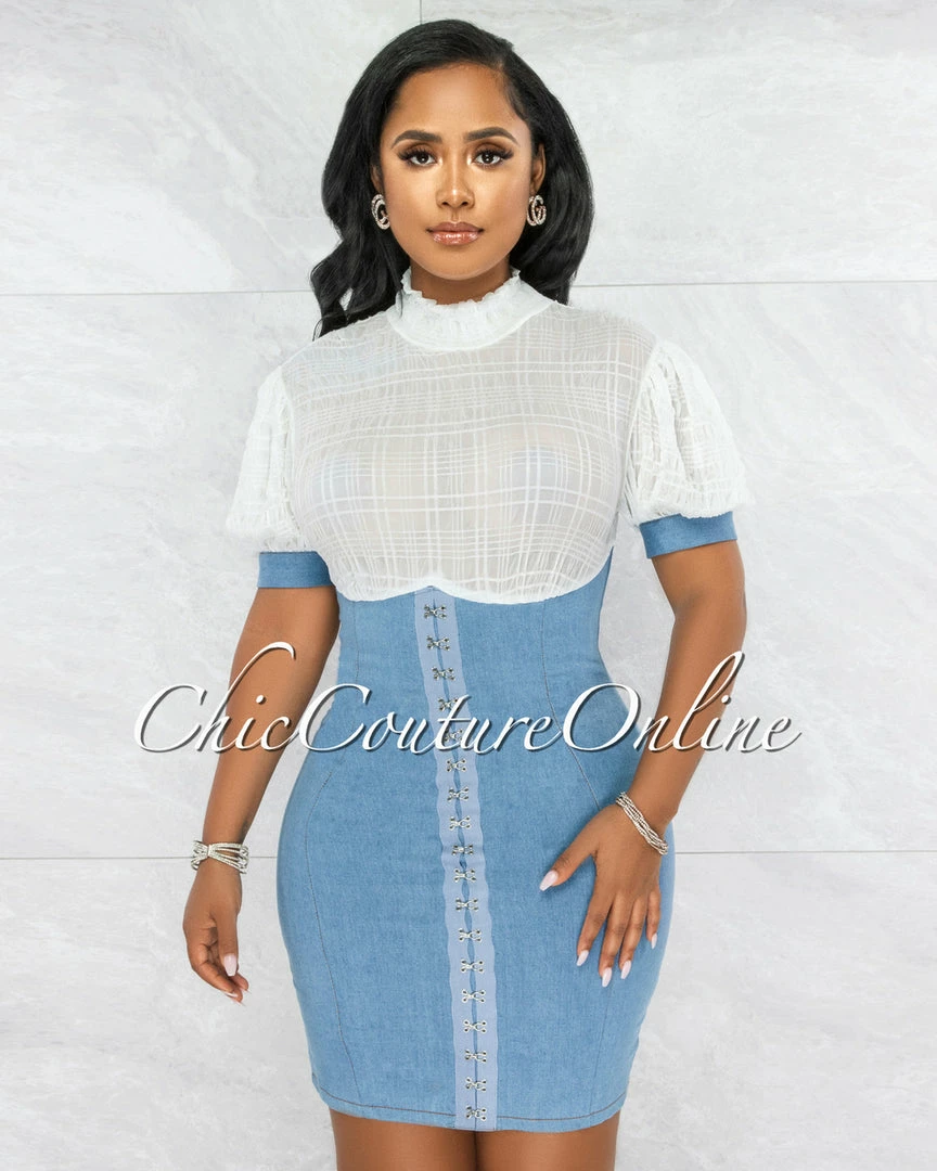 Vendor-unknown Tordis White Shirt Blue Denim Overall Illusion Dress