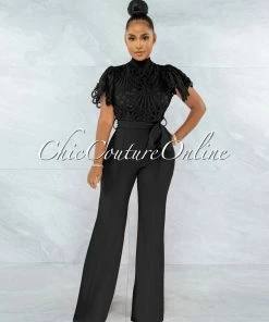 Vendor-unknown JUST IN Charity Black Crochet See-Thru Top Ruffle Sleeves Jumpsuit