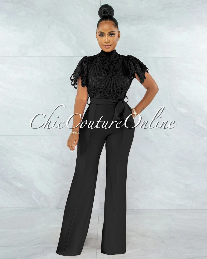 Vendor-unknown JUST IN Charity Black Crochet See-Thru Top Ruffle Sleeves Jumpsuit