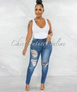 Vendor-unknown Jamaica Medium Denim High-Waist Distressed Skinny Jeans