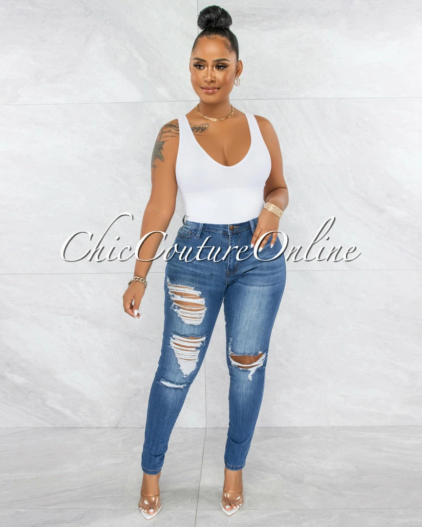 Vendor-unknown Jamaica Medium Denim High-Waist Distressed Skinny Jeans