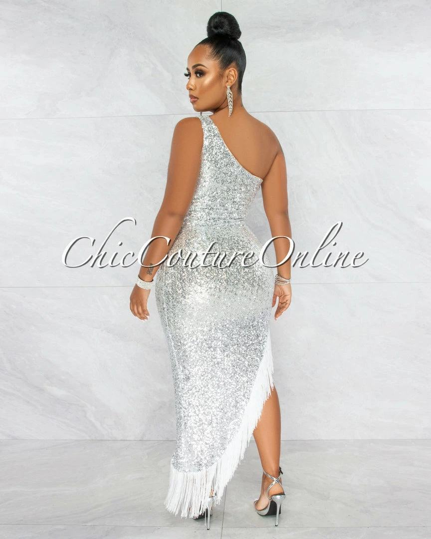 Vendor-unknown JUST IN Kairah Silver Sequins Side Slit Fringe Maxi Dress