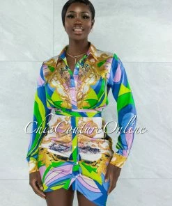 Vendor-unknown Obas Green Blue Print Drape Satin Shirt Dress JUST IN