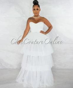 Chic Couture Online JUST IN Dempsey Off-White Padded Cups Tulle Tiered Bodysuit Maxi Dress
