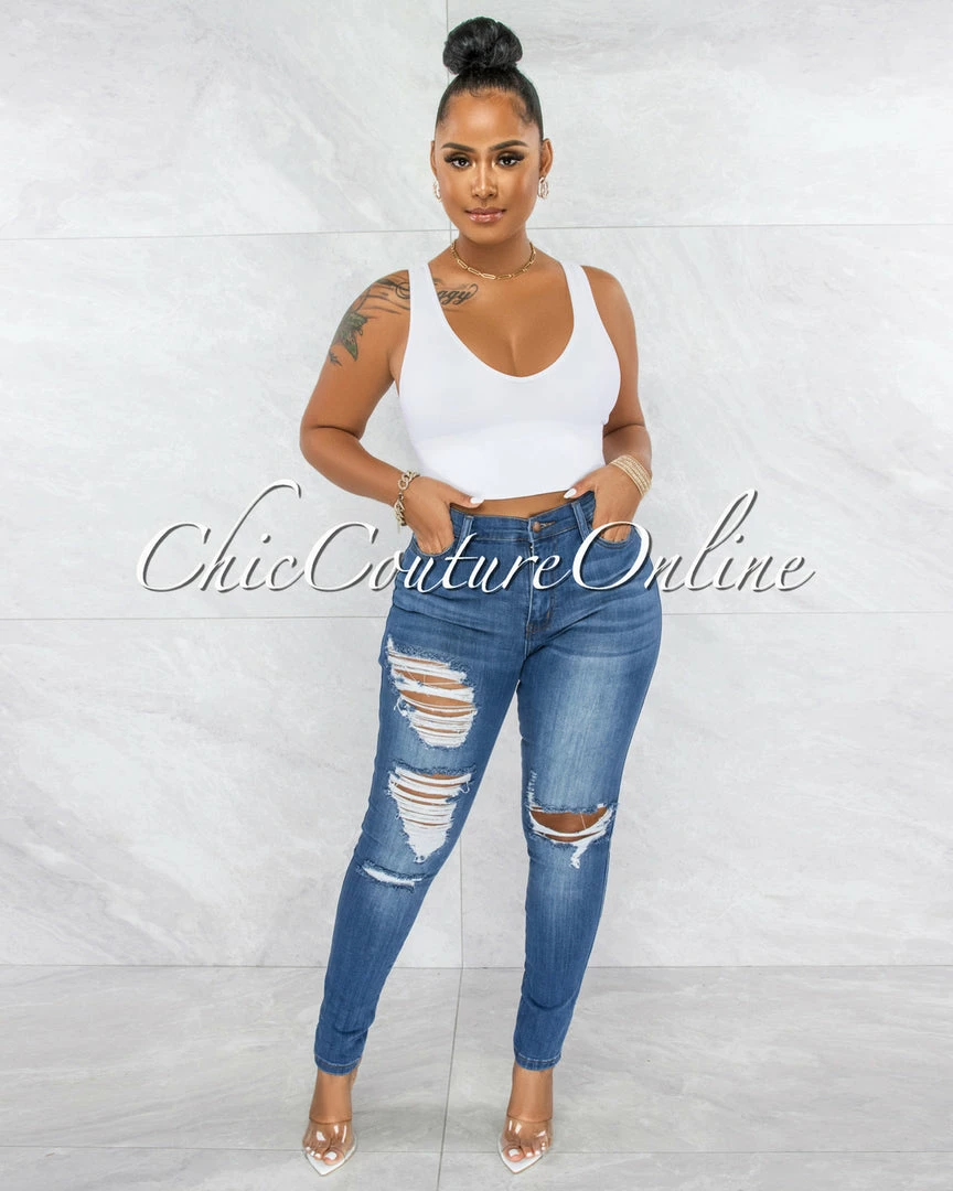 Vendor-unknown Jamaica Medium Denim High-Waist Distressed Skinny Jeans