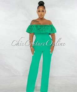 Chic Couture Online Amaretto Green Off-The Shoulder Crochet Top Jumpsuit