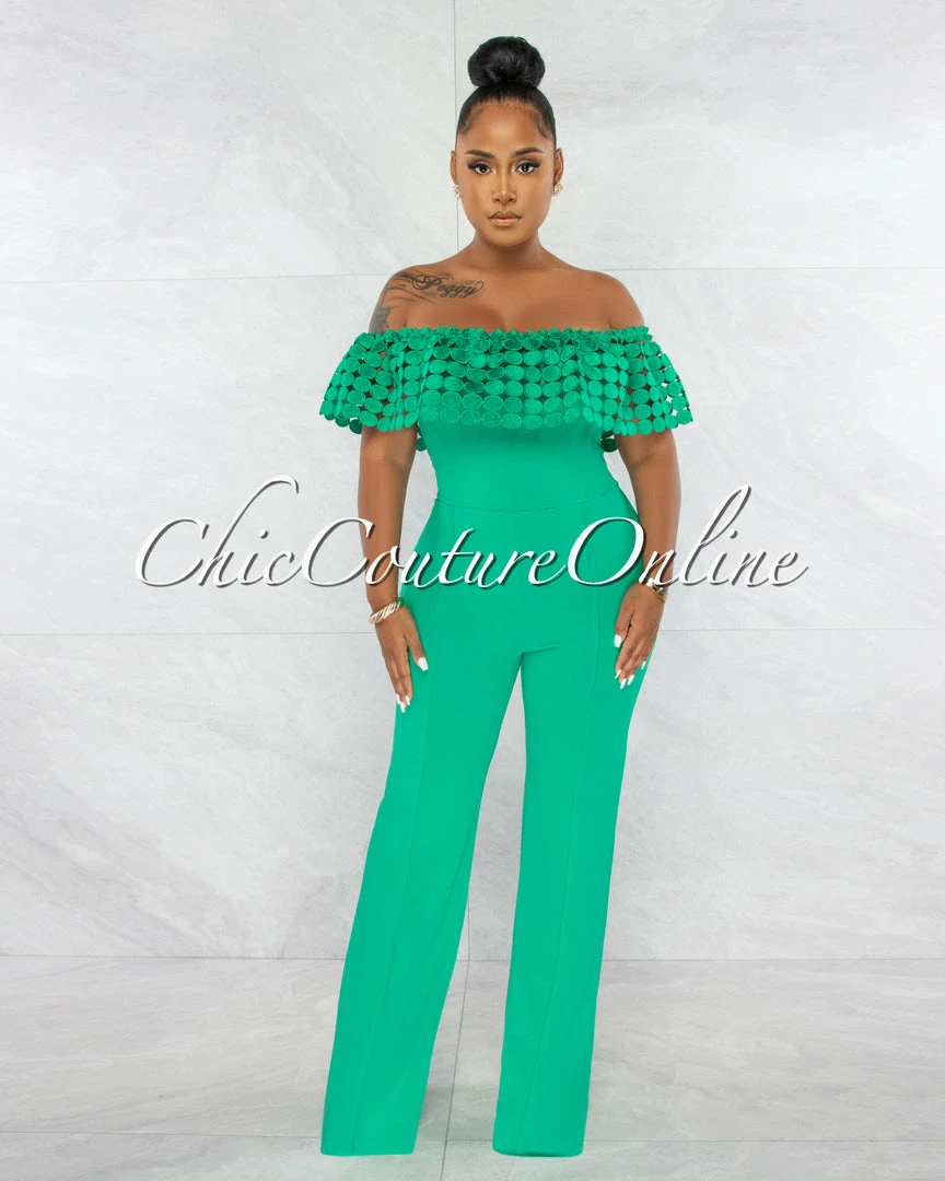 Chic Couture Online Amaretto Green Off-The Shoulder Crochet Top Jumpsuit