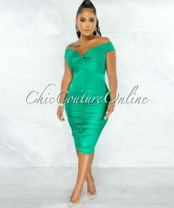 Chic Couture Online Hersala Green Knot Ruched Midi Dress