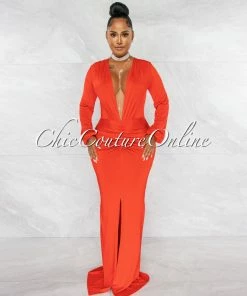 Chic Couture Online Solada Orange Tomato V-Neck Front Draped Maxi Dress