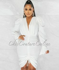 Chic Couture Online JUST IN Crisanta Off-White V Pleated Neckline Ruched Midi Dress
