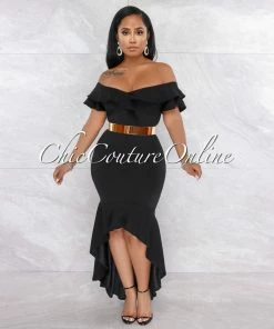 Vendor-unknown Macaria Black Ruffle Neckline Hi-Lo Dress JUST IN
