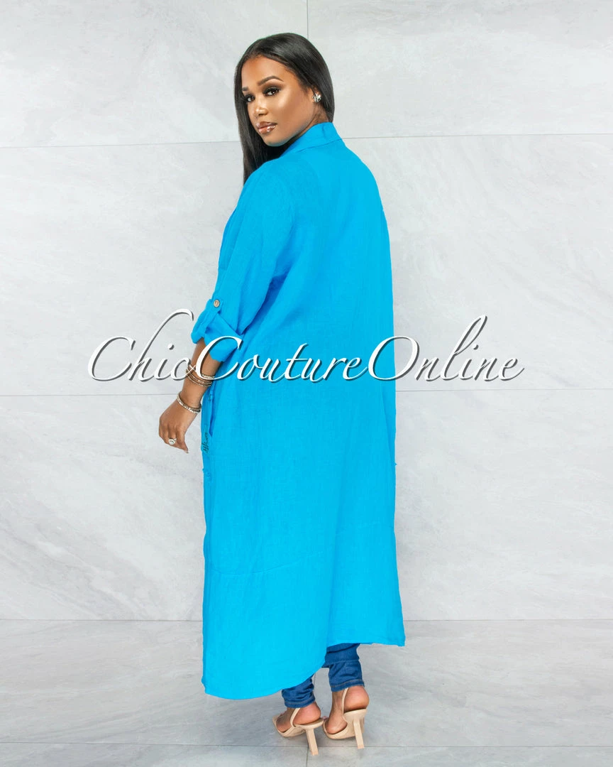 Vendor-unknown Mendoza Turquoise LINEN Side Pockets Duster