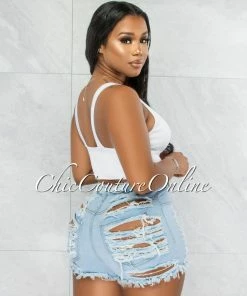Vendor-unknown JUST IN Carla Light Denim Distressed Shorts