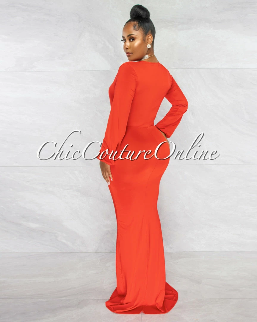 Chic Couture Online Solada Orange Tomato V-Neck Front Draped Maxi Dress