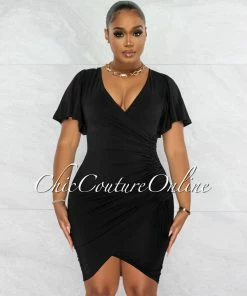 Chic Couture Online JUST IN Dalie Black Wrap Ruched Side Midi Dress