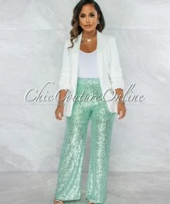 Vendor-unknown JUST IN Cuenta Mint Green Sequins Wide Legs Pants