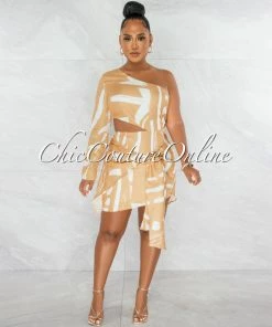 Chic Couture Online Deanne Mustard White Single Shoulder Self-Tie Accent Dress