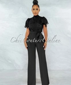 Vendor-unknown JUST IN Charity Black Crochet See-Thru Top Ruffle Sleeves Jumpsuit