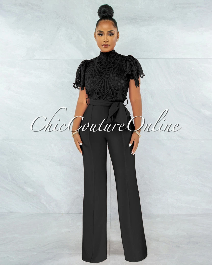 Vendor-unknown JUST IN Charity Black Crochet See-Thru Top Ruffle Sleeves Jumpsuit