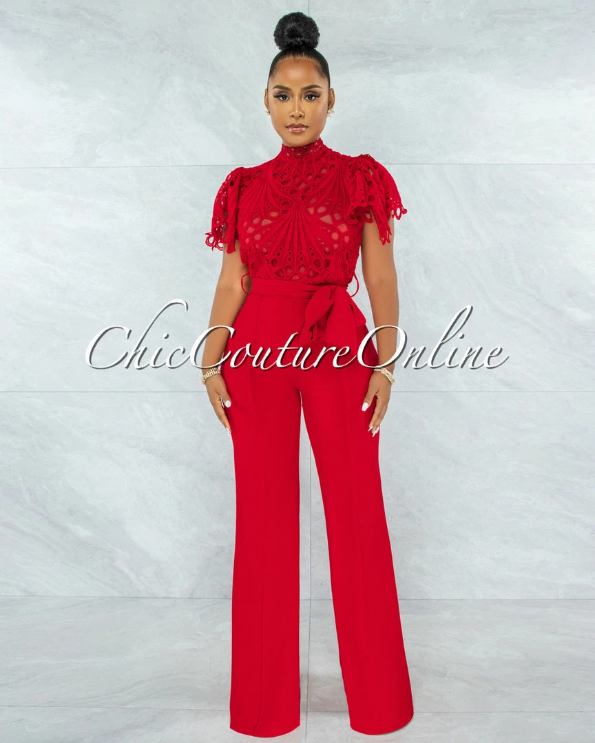 Vendor-unknown Charity Red Crochet See-Thru Top Ruffle Sleeves Jumpsuit JUST IN