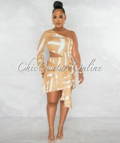 Chic Couture Online Deanne Mustard White Single Shoulder Self-Tie Accent Dress