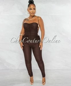 Chic Couture Online Mikela Brown Mesh Sheer Ruched Lace-Up Sides Jumpsuit