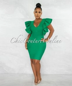 Chic Couture Online Barend Green V-Neck Ruffle Sleeves Bandage Midi Dress