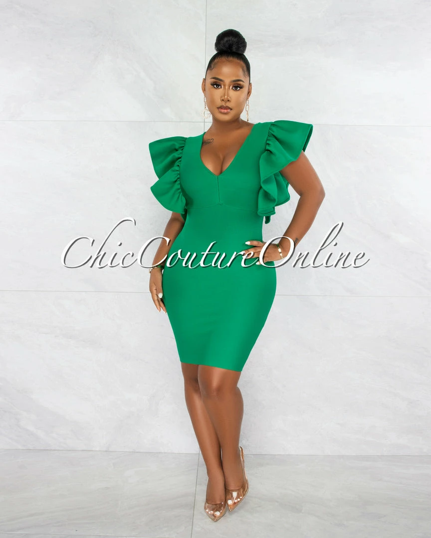 Chic Couture Online Barend Green V-Neck Ruffle Sleeves Bandage Midi Dress