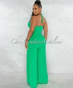 Chic Couture Online Boniface Green Front Cut-Out Lace-Up Jumpsuit JUST IN