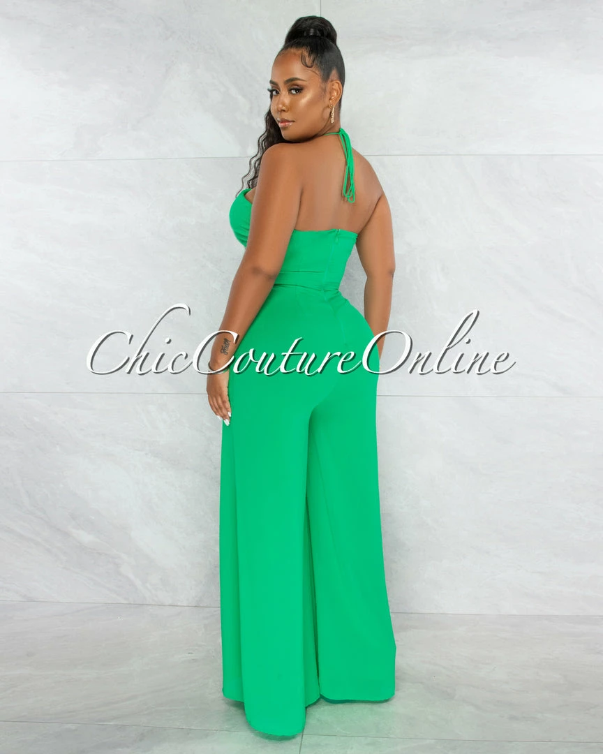 Chic Couture Online Boniface Green Front Cut-Out Lace-Up Jumpsuit JUST IN