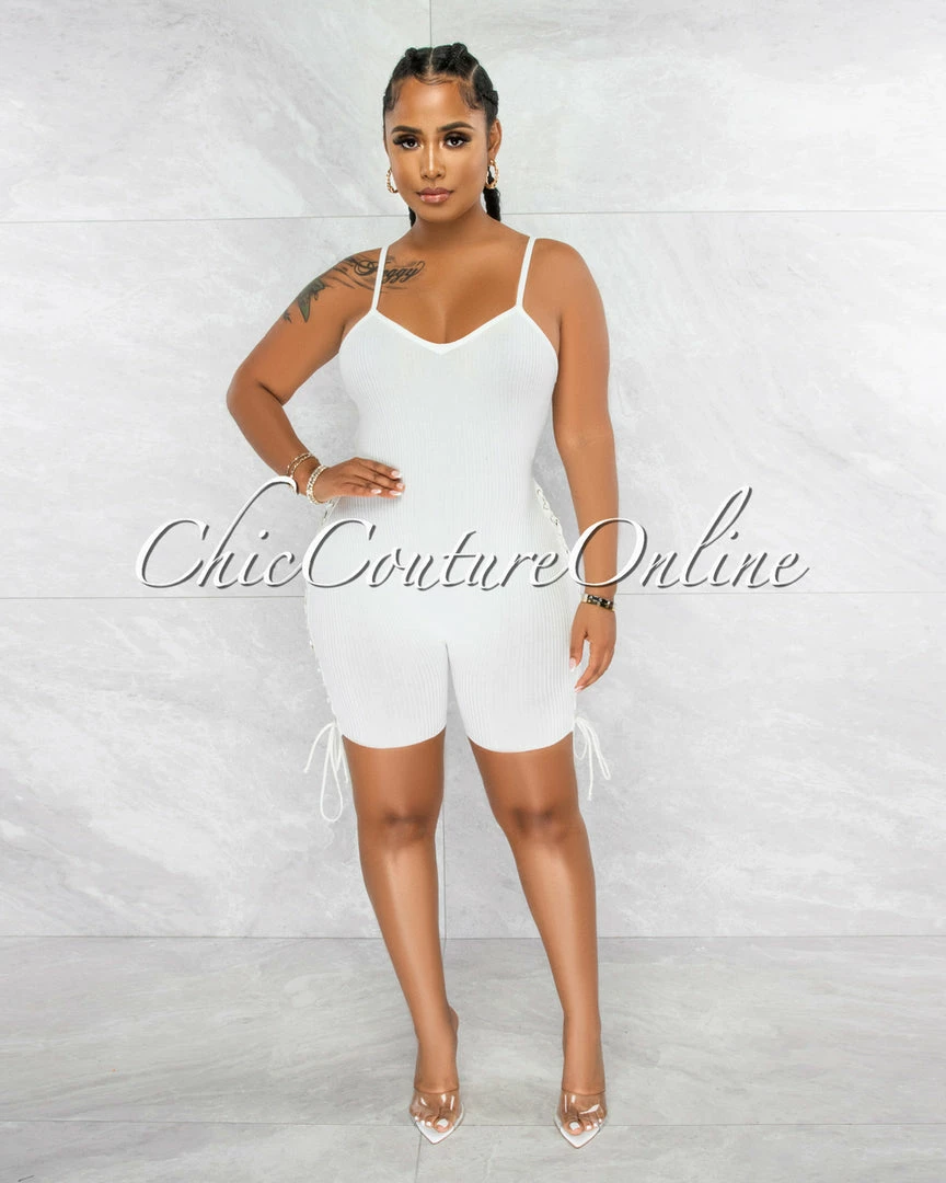 Vendor-unknown Larmine Off-White Ribbed Lace-Up Sides Romper JUST IN