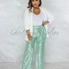 Vendor-unknown JUST IN Cuenta Mint Green Sequins Wide Legs Pants