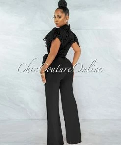 Vendor-unknown JUST IN Charity Black Crochet See-Thru Top Ruffle Sleeves Jumpsuit
