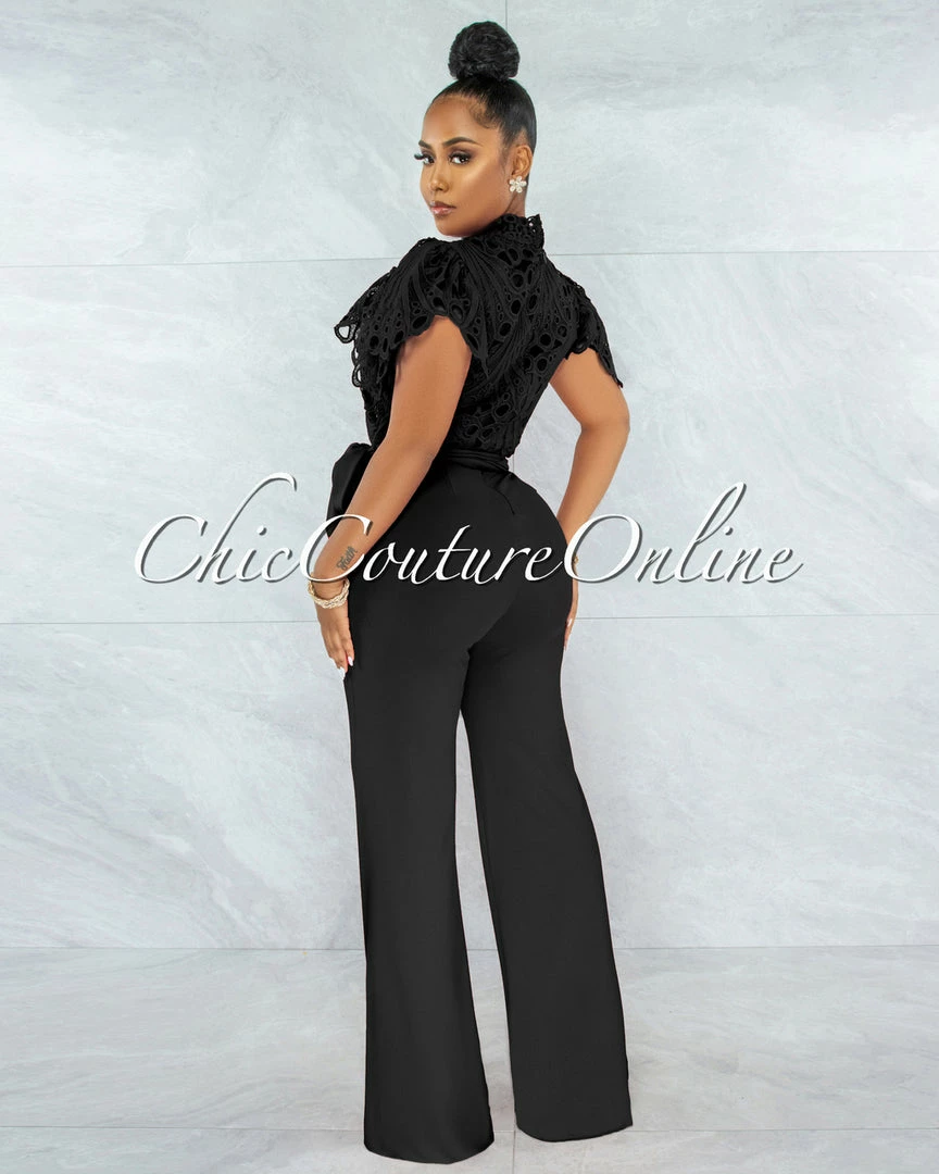 Vendor-unknown JUST IN Charity Black Crochet See-Thru Top Ruffle Sleeves Jumpsuit