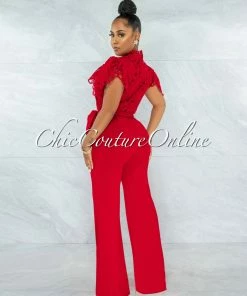 Vendor-unknown Charity Red Crochet See-Thru Top Ruffle Sleeves Jumpsuit JUST IN