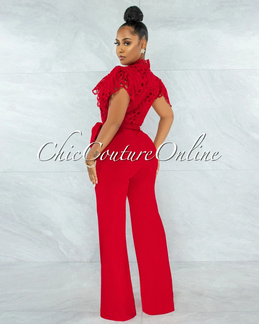 Vendor-unknown Charity Red Crochet See-Thru Top Ruffle Sleeves Jumpsuit JUST IN