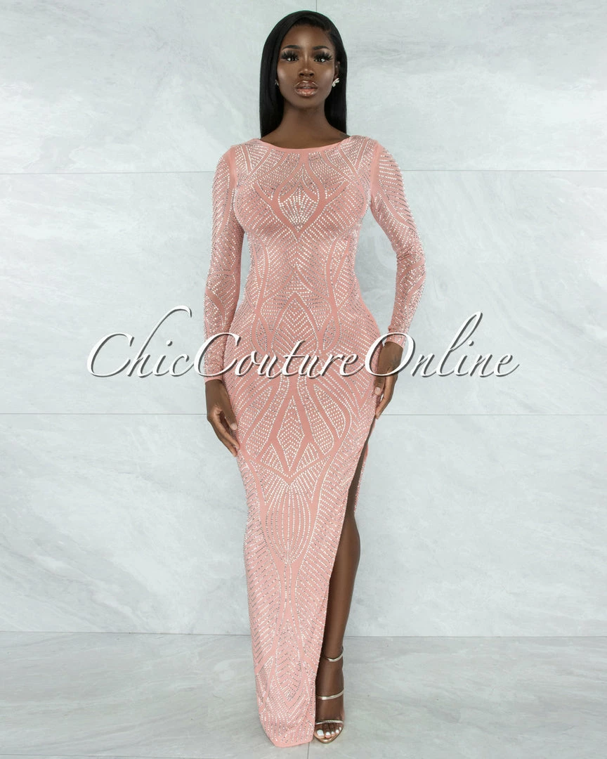 Vendor-unknown Goncalves Rose Silver Studs Side Slit Maxi Dress