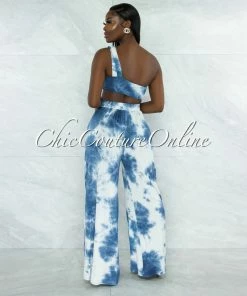 Vendor-unknown Hiliana Navy Blue Tie-Dye Torn Top & Wide Legs Pants Set