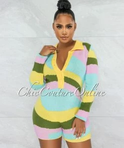 Vendor-unknown JUST IN Smiya Pastel Tones Retro Knit Romper