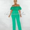 Chic Couture Online Amaretto Green Off-The Shoulder Crochet Top Jumpsuit